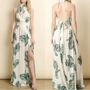 White maxi dress with monstera leaf print